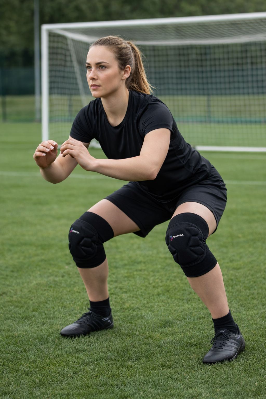 goalkeeper drills with knee pads for protection on indoor court