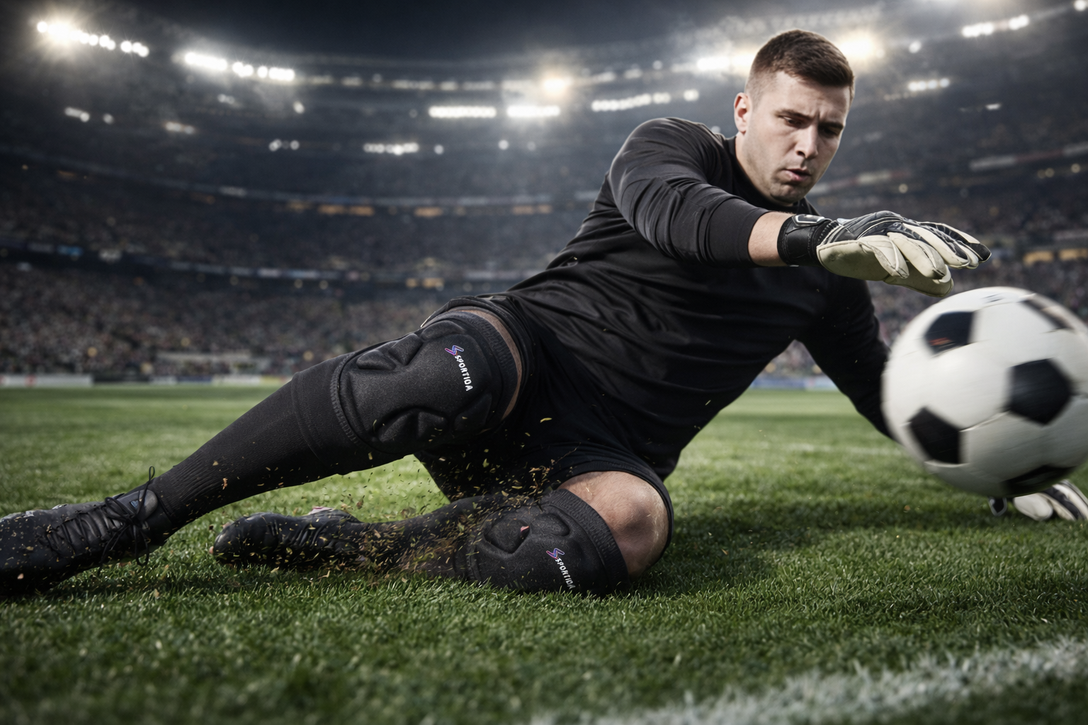 goalkeeper sliding save with knee pads for turf protection