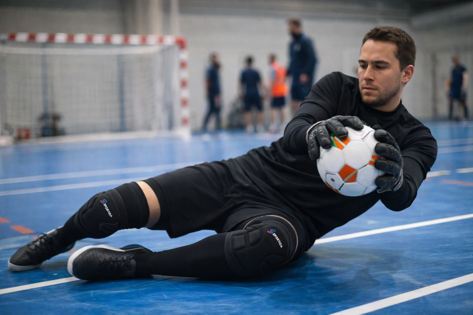 Indoor soccer goalkeeper wearing Sportida S6764 knee pads