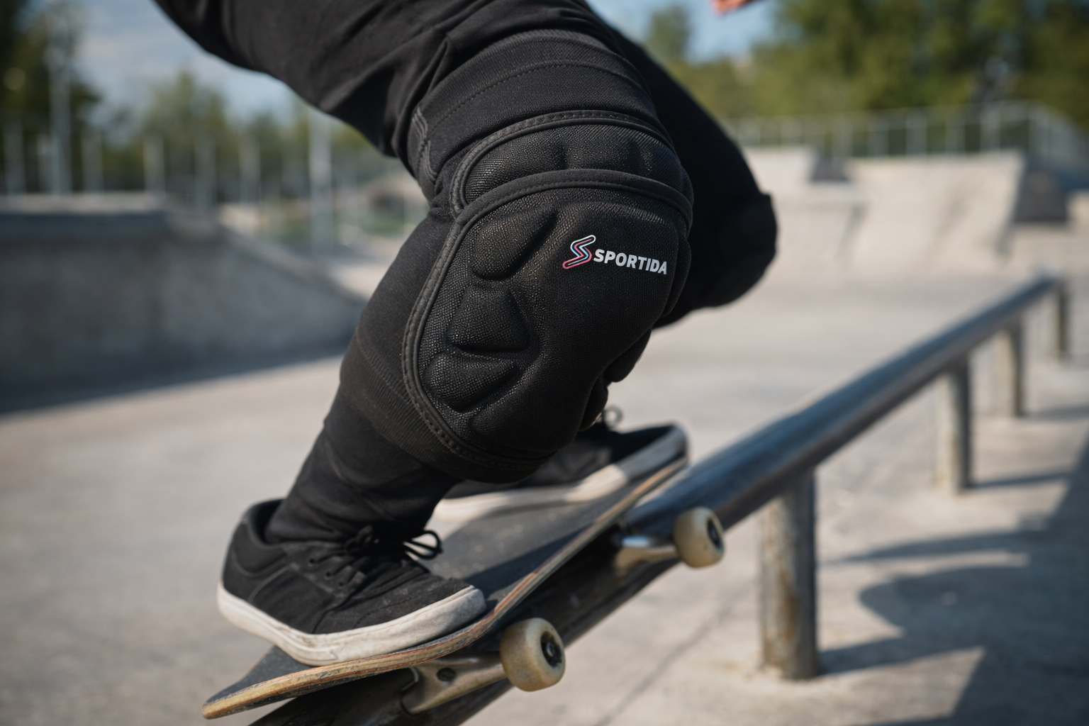 Skateboarder grinding rail with knee pads for street skating and vert skating impact absorption