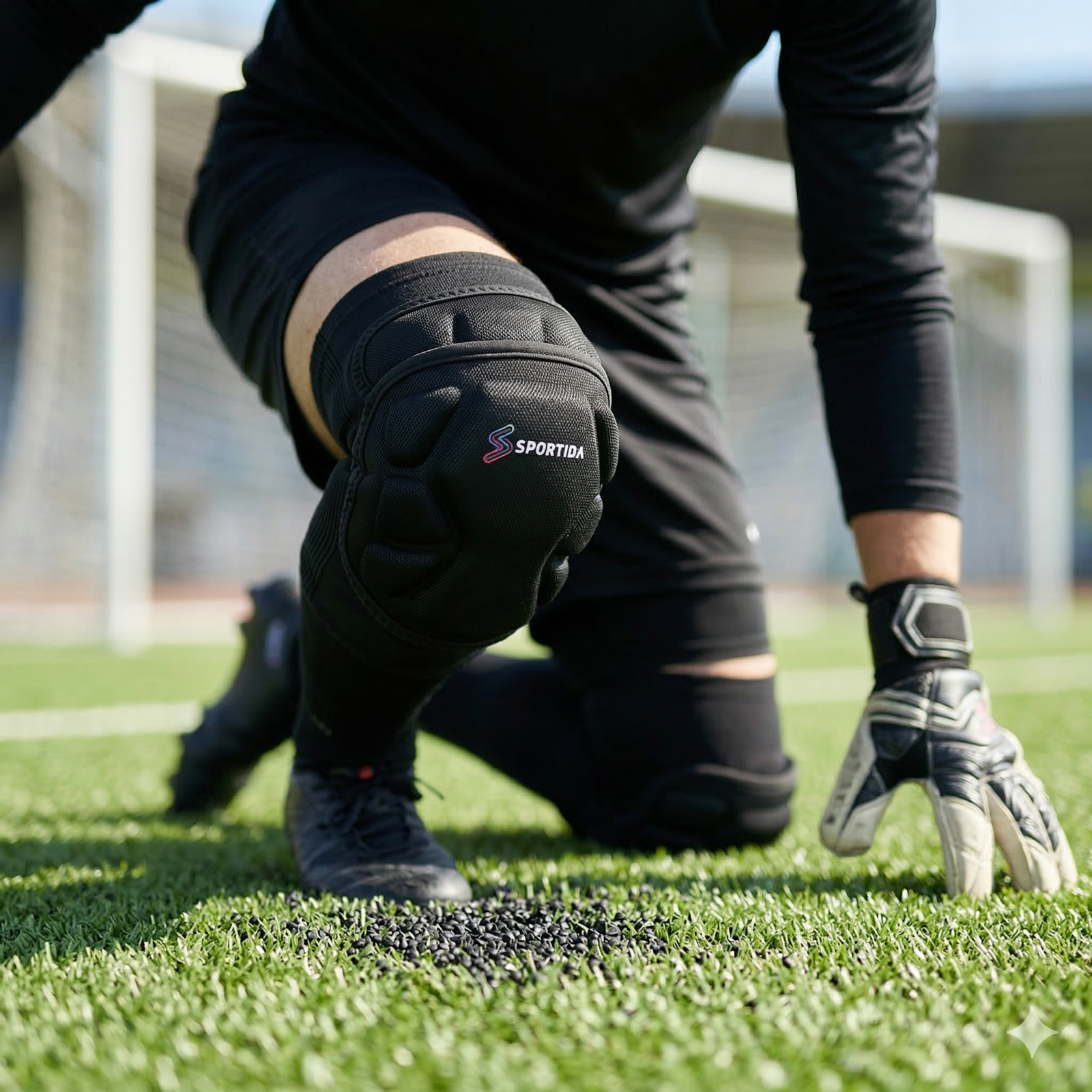 artificial turf rubber infill close-up with goalkeeper knee contact