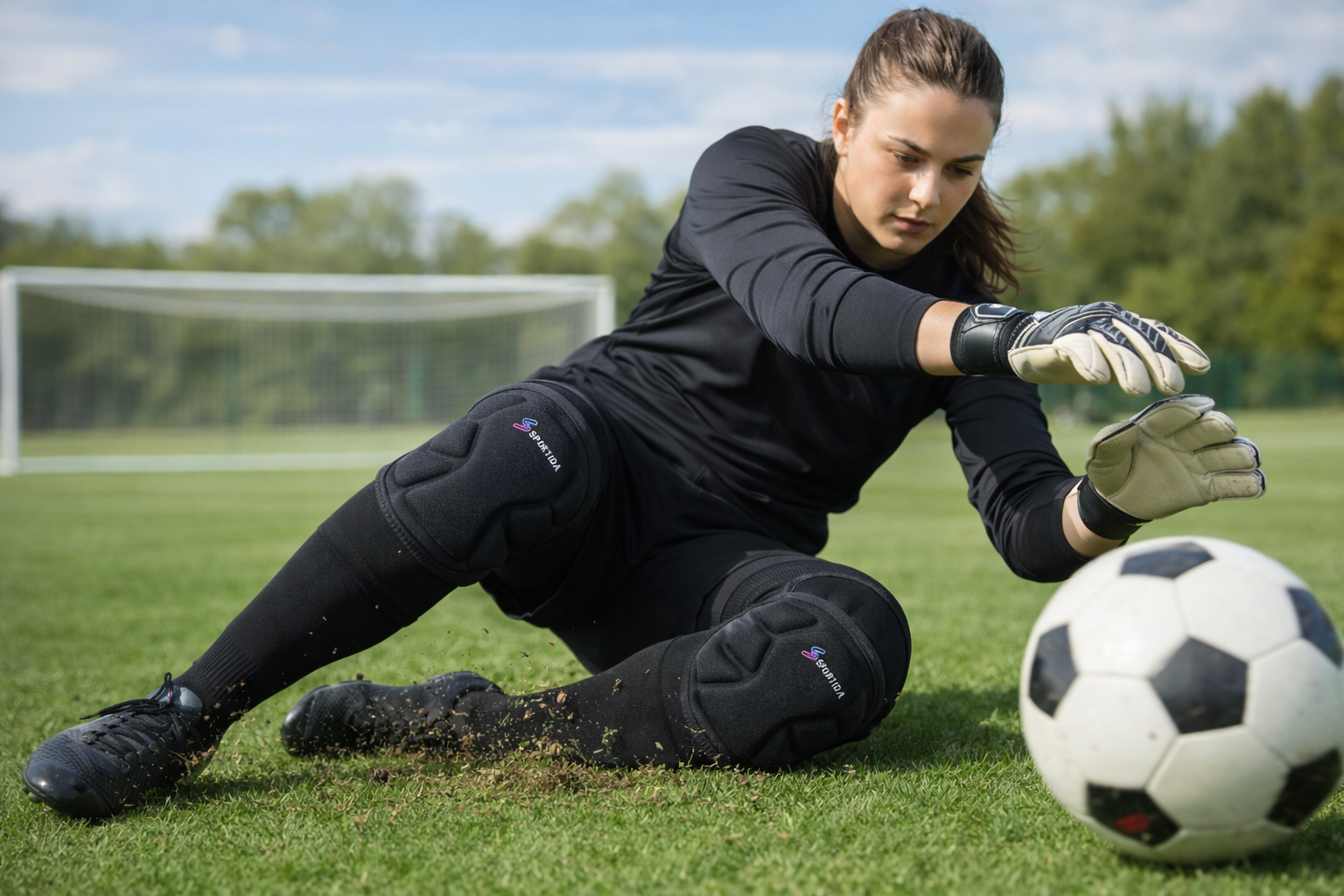 female soccer goalkeeper training with knee pads on turf