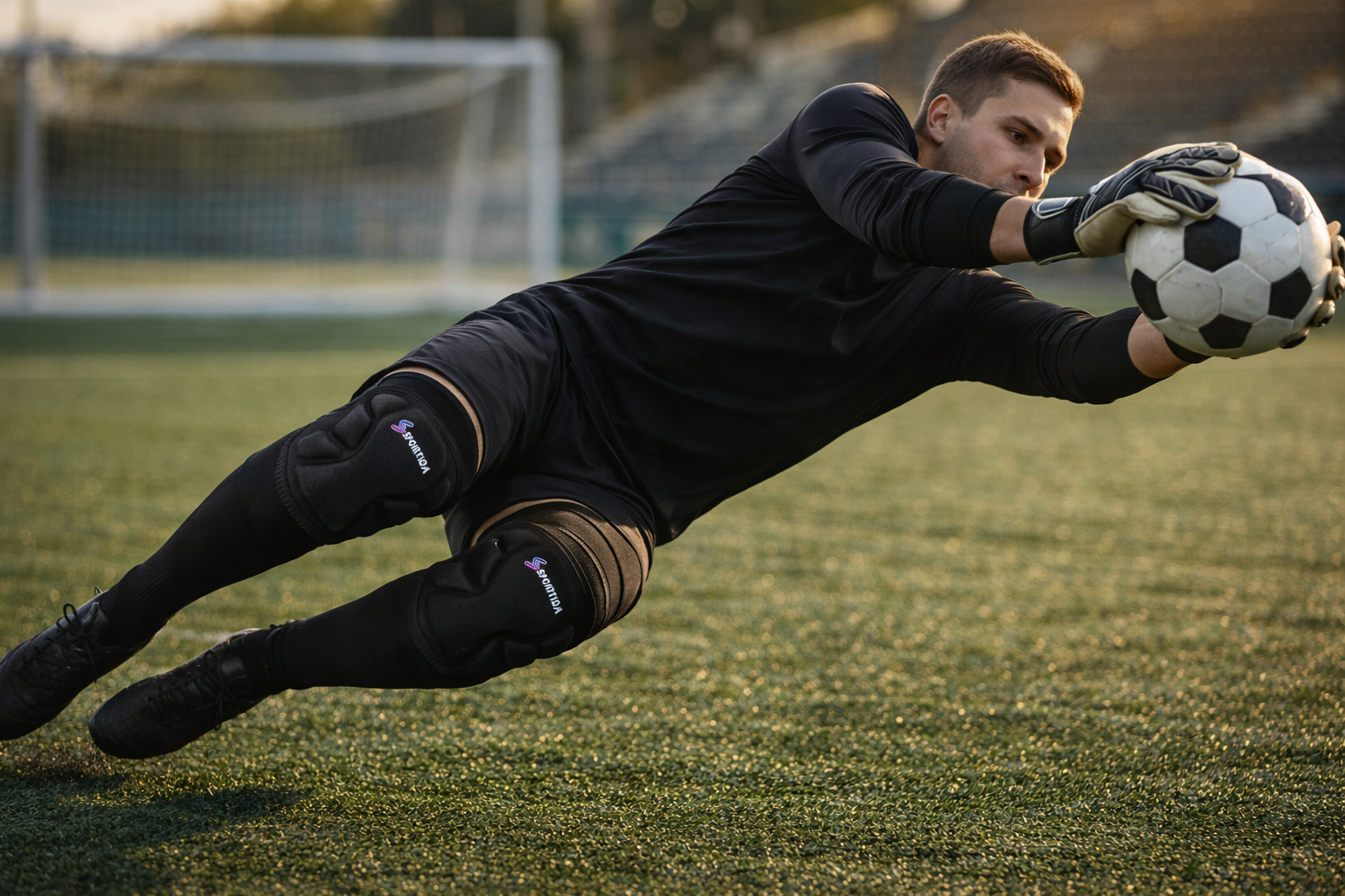soccer goalkeeper diving save wearing knee pads on artificial turf