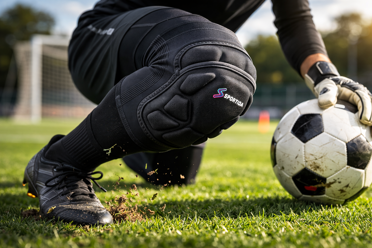 goalkeeper knee pad absorbing impact during turf contact