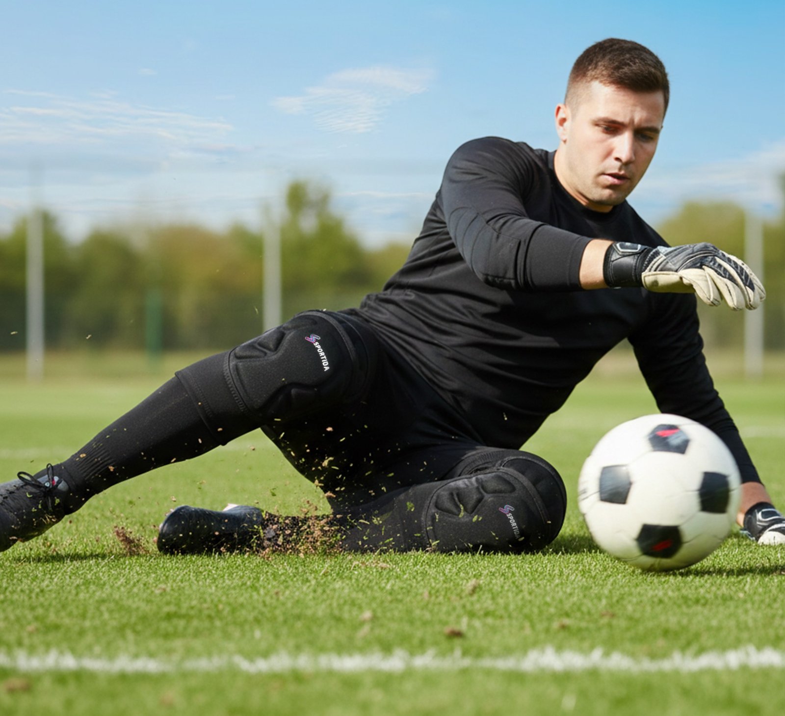 Soccer goalkeeper sliding on grass wearing Sportida knee pads