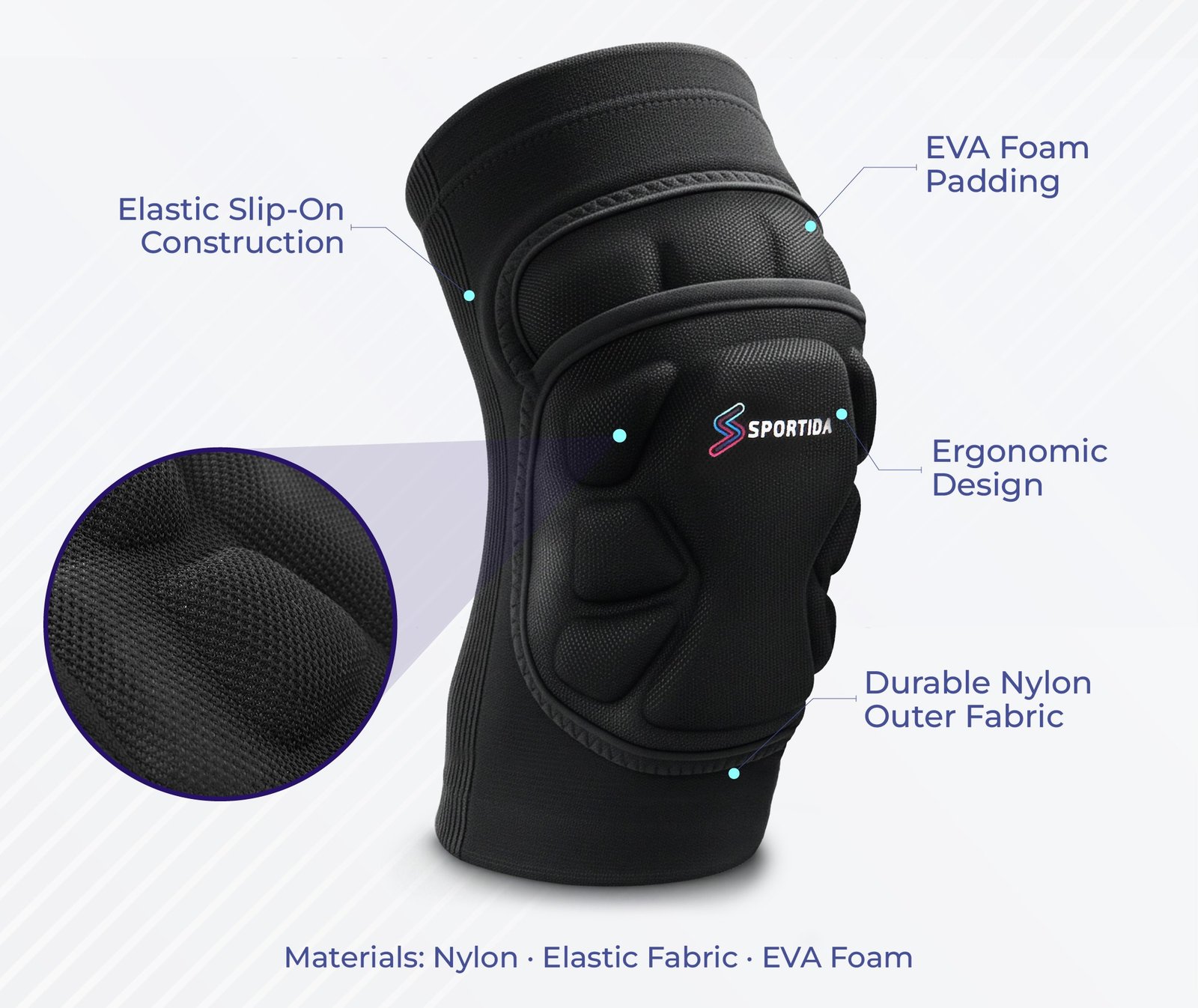 Sportida knee pads showing EVA padding and ergonomic design