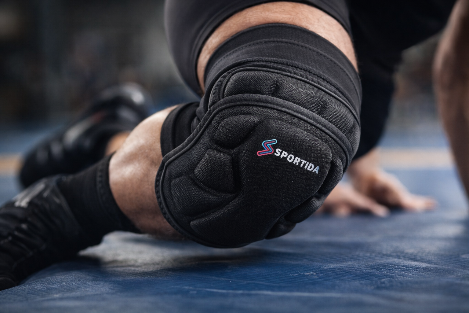 Close-up of segmented knee pad zones during wrestling mat contact