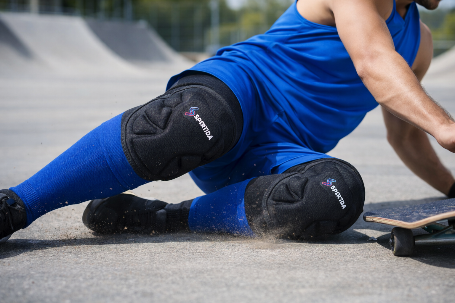 knee pad absorbing impact during skateboard fall on concrete