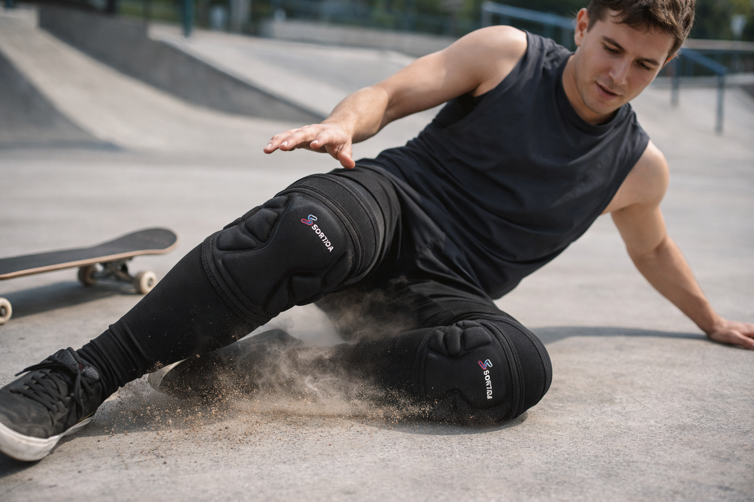 skateboarder sliding on concrete wearing protective knee pads